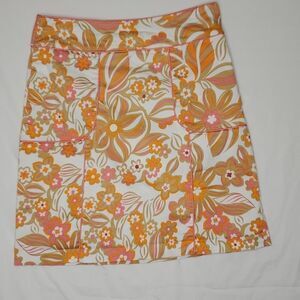 6 WILLI SMITH pockets cotton pink orange floral skirt w/ piping trim